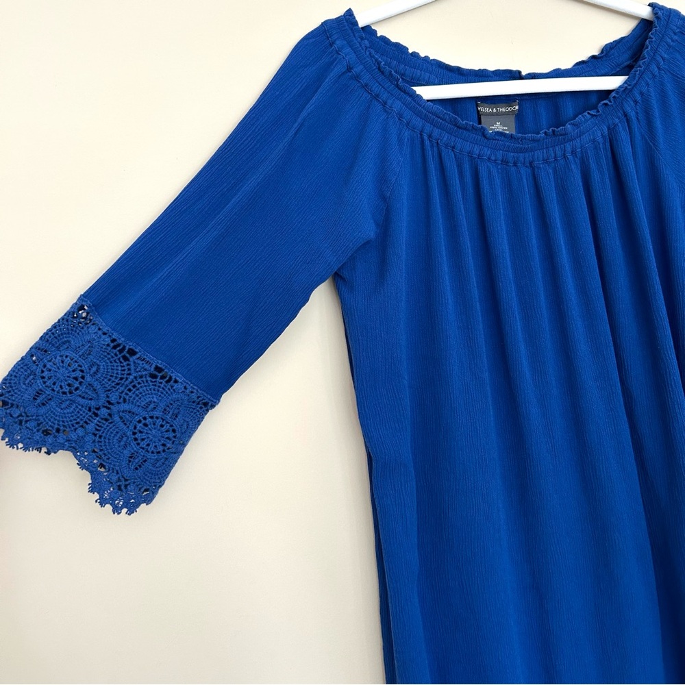 Chelsea & Theodore Royal Blue Lace Crochet Sleeve Peasant Top - Picture 4 of 8